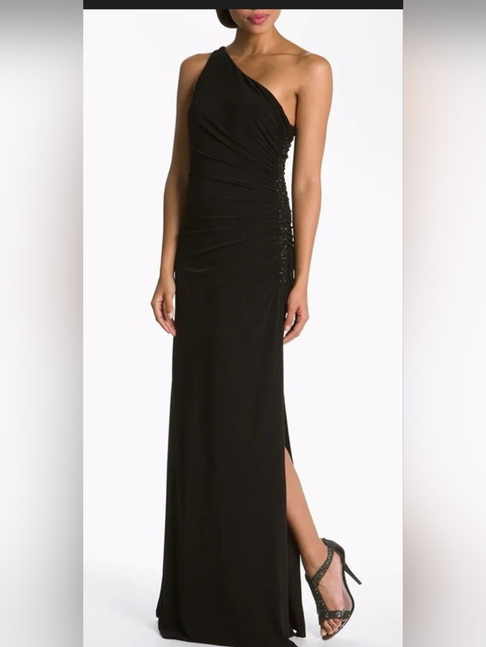 Laundry by Shelli Segal Black One-Shoulder Beaded Ruched Maxi Gown Dress Size 2